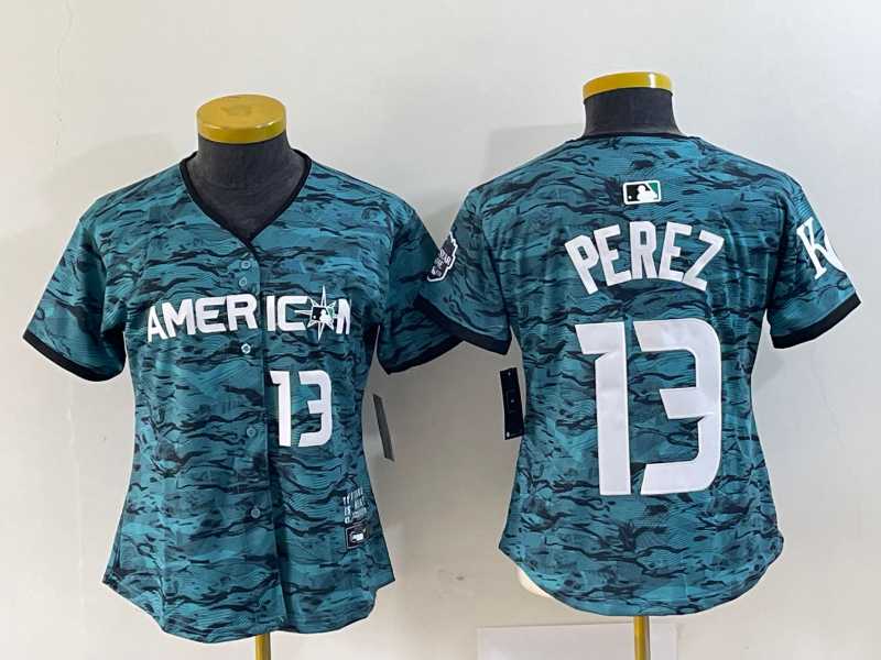 Womens Kansas City Royals #13 Salvador Perez Teal 2023 All Star Cool Base With Patch Stitched Baseball Jersey